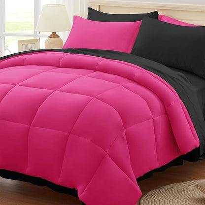 Anluoer Queen Comforter Set,Hot Pink&Black Bed in a Bag 7 Piece,Lightweight Bedding Set with Soft Down Alternative Fill,Bed Set Includes Comforter, Fitted Sheet, Flat Sheet,Pillowcases and Shams