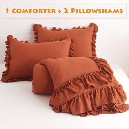 Masaca Ruffle Comforters Queen Size Set,Burnt Orange Shabby Boho Chic Comforter Farmhouse Terracotta Bedding Sets 3PCS（1 Ruffled Comforter and 2 Pillowcases）
