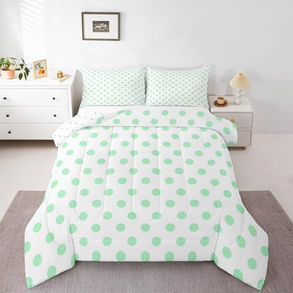 Manfei Green Polka Dots Comforter Set Queen Size 3 Pcs,Geometric Circles Green White Simple Art Bedding Set,Cartoon Dots French Style Lovely Quilt Set for Young Adults,2 Pillowcases
