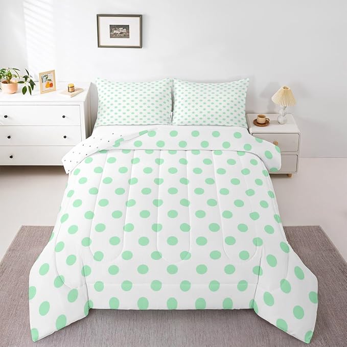 Manfei Green Polka Dots Comforter Set Full Size 3 Pcs,Geometric Circles Green White Simple Art Bedding Set,Cartoon Dots French Style Lovely Quilt Set for Teens Bedroom,2 Pillowcases