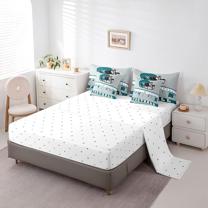 Erosebridal Football 7 Pcs Comforter Set King Football City Bedding for Boys Girls Grey Football Fans Sheet Set Bed in A Bag Rugby Game Room Decor Sports Ball Competition Quilt