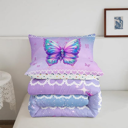 Erosebridal Butterfly King Size Bedding Set 3 Piece, Mermaid Scales Down Comforter for Kids Girls Women Room, Kawaii Love Heart Comforter Set, Dreamy Princess Maeine Life Quilt, Purple Blue