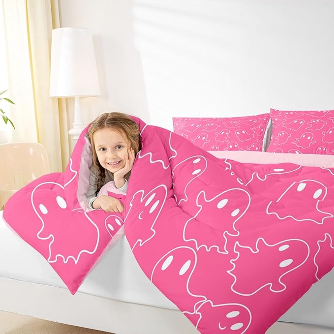 Erosebridal Girls Hallloween Ghost Bedding Set Full, Kawaii Ghost Comforter Set, Cute Pink Spooky Comforter for Kids Teens Women Bedroom Decor, Funny Halloween Decor Quilt