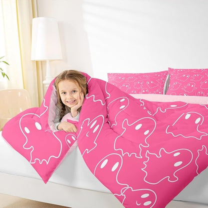 Erosebridal Girls Hallloween Ghost Queen Comforter Set, Kawaii Ghost Bedding Set, Cute Pink Spooky Comforter for Kids Teens Women Bedroom Decor, Funny Halloween Decor Quilt