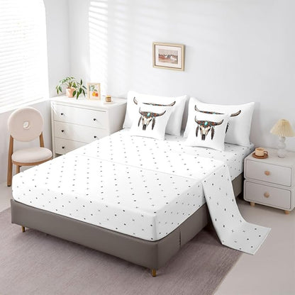 Erosebridal Aztec 7 Piece Bedding Set Twin Bull Skull Comforter Set with Sheets Gemstones Feathers Pattern Southwest Bed in a Bag Mysterious Hand Drawn Bohemian for Teens Men Women
