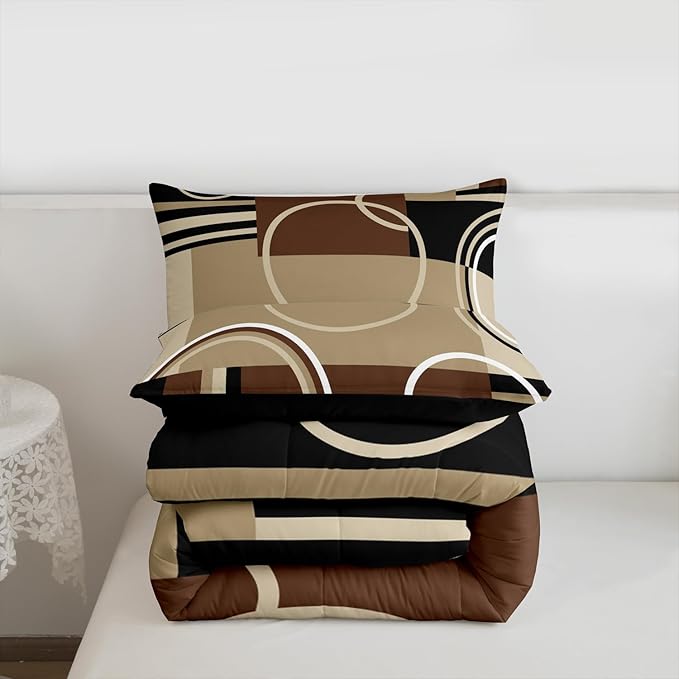 Erosebridal Modern Brown Grey Black Comforter Set Twin, Geometric Swirls Bedding Set for Boys Girls Kids, Circle Striped Down Comforter, Abstract Square Art Bedroom Decor Duvet Set with 1 Pillow Case