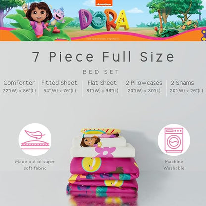 Dora The Explorer Kids Bedding Set Super Soft & Cozy Reversible Microfiber Comforter and Sheet Set with Sham, 7 Piece Full Size, (Officially Licensed Product) by Franco