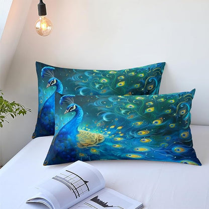 Blue Peacock Queen Size Comforter Set,Bird Animal Feather Bedding Sets, Victorian Ultra Soft Fluffy Microfiber Comforter with 2 Pillowcases, 90''x 90''