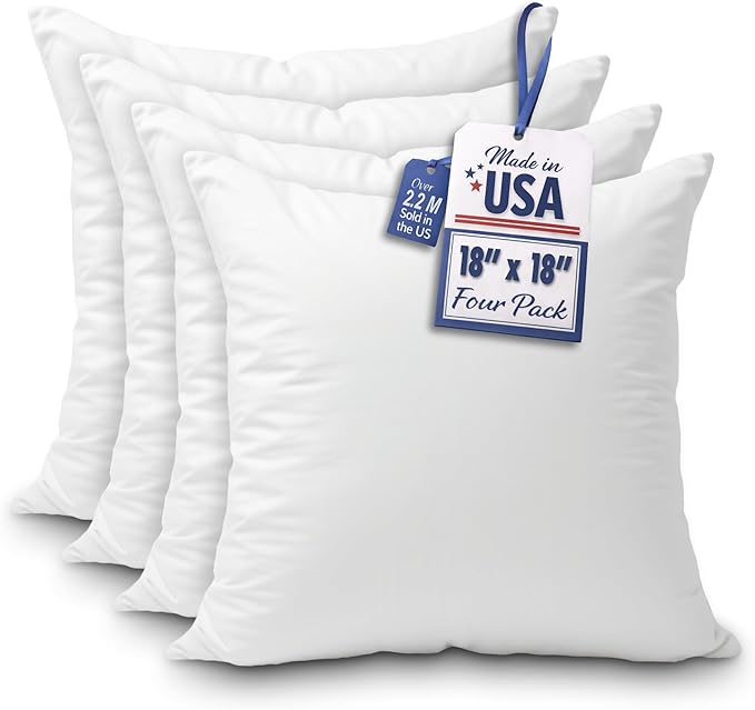 Foamily Throw Pillows Insert 18 x 18 Inches (Set of 4) Hypoallergenic, Made in USA - Decorative Couch, Bed Pillow