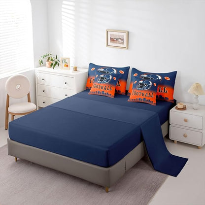 Erosebridal American Soccer King Boys 7 Pcs Bedding Set Sports Rugby Blue Orange Comforter Set with Sheets for Kids Teen Adults,Football City Bed in A Bag Ball Sports City Silhouette Bed Set