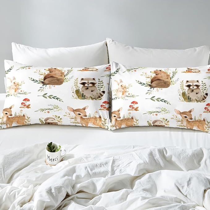 Erosebridal Kids Cute Deer Toddler Size Bedding Set, Woodland Animal Down Comforter Rabbit Hedgehog Comforter Set for Boys Teens Girls Room, Mushroom Branches Rustic Quilt, Soft Microfiber