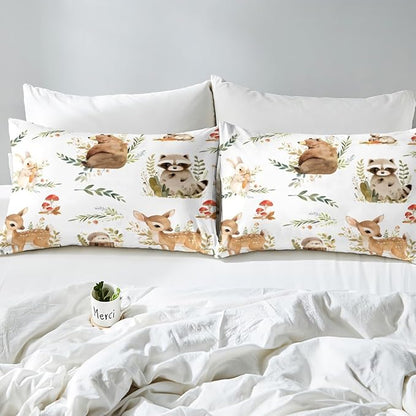 Erosebridal Kids Cute Deer Toddler Size Bedding Set, Woodland Animal Down Comforter Rabbit Hedgehog Comforter Set for Boys Teens Girls Room, Mushroom Branches Rustic Quilt, Soft Microfiber