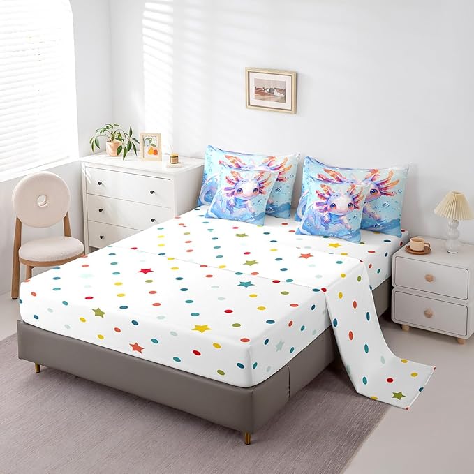 Feelyou King Size Cute Axolotl Bed in a Bag Boys Girls Blue Cartoon Salamander Comforter Set with Sheets for Kids Ultra Soft Kawaii Ocean Sealife 7 Piece Bedding Set Reptile Animal Room Decor