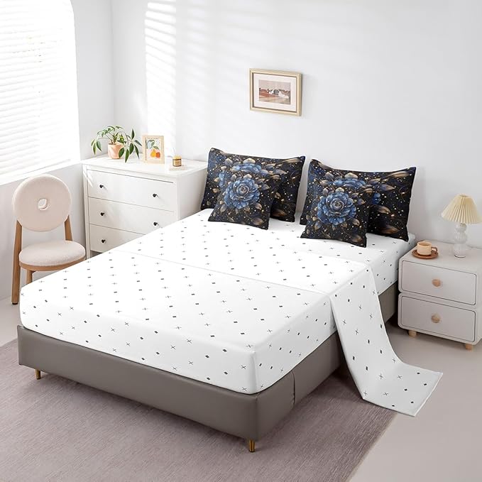 Erosebridal Gold Blue Rose Comforter Set King 7 Piece,Romantic Rose Floral Bedding Set for Girls Women Bedroom Decor,Rustic Flowers Bed in a Bag with Fitted Sheet,Flat Sheet,Pillowcases & Shams