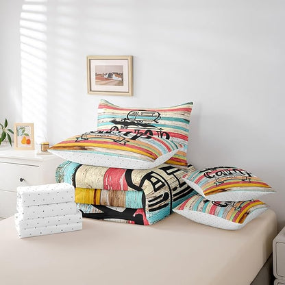 Full Size 7-Piece Camping Decor Comforter Set - Bed in a Bag, Rv Camper Lovers Comforter Set with Rustic Wooden Sheets, 1 Comforter, 2 Pillowcases, 2 Throw Pillow Covers