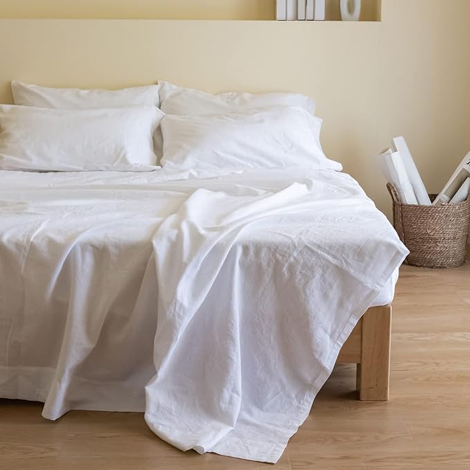 Simple&Opulence Belgian Linen Sheet Set Solid Color - 6 Pieces (1 Flat Sheet & 1 Fitted Sheet & 4 Pillowcases) 16" Deep Pocket Natural Flax Cotton Blended Soft Bedding - White, King Size