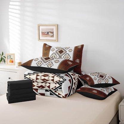 Erosebridal Farmhouse Aztec Bedding Set King 7-Piece Rustic Vintage Southwestern Comforter Set Western Ethnic Geometric Diamond Bed in A Bag Boho Country Tribal Art Quilt with Flat Fitted Sheet
