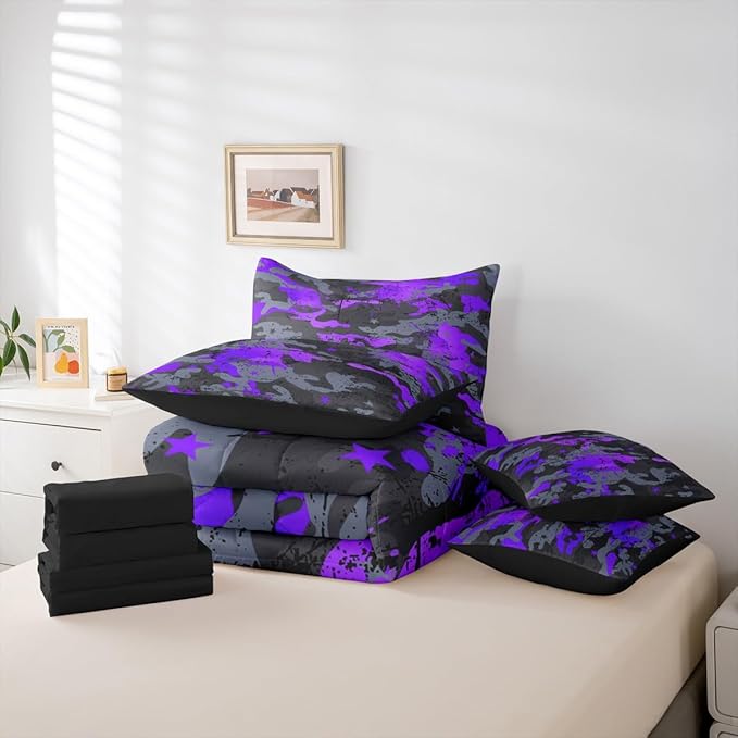 Erosebridal Ombre Camo King Comforter Set Watercolor 7-Piece Bed in A Bag Stars Retro Camouflage Grunge Ink Splash Sheets and Pillowcases Grey Purple Bed Sets