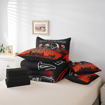 Erosebridal Football City Bed in A Bag Sports Rugby 7 Piece Bedding Set Black Orange Ombre Football Comforter Set with Sheets Twin Size for Kids Boys Teen Adults,Ball Sports Games Bed Set