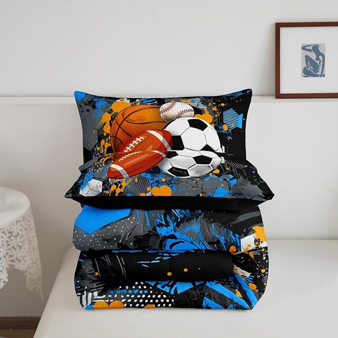 Feelyou Basketball Comforter Set Toddler Size Baseball Comforter for Boys Girls Teens Football Bedding Set Sports Game Duvet Set Room Decor Balck Grey Blue Mixed Ball Quilt Set
