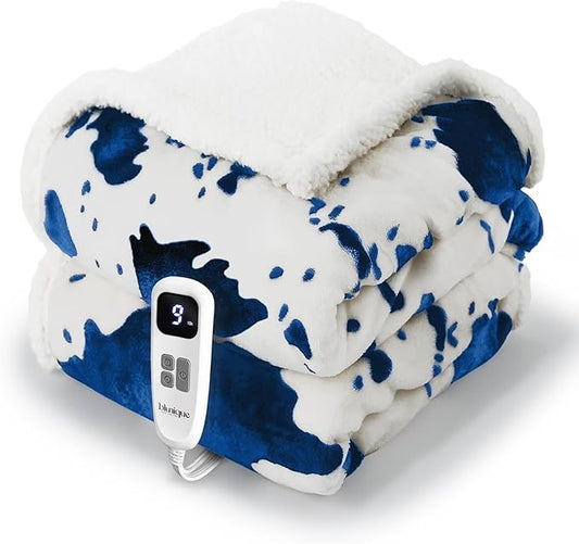 Cow Print Heated Throw Blanket Electric Blanket-Heating Blanket Throw with 10 Heat Levels & 10 Hours Auto-Off, Cozy Soft Fleece Sherpa, Washable, 50 x 60 Inches Cow Print Blue