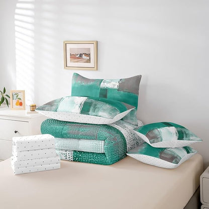 Light Green White Grey Twin Comforter Set 7-Piece Aesthetic Bed in a Bag, Gradient Bedding Comforter Sets Modern Bedding Set (Comforter, Fitted Sheet, Flag Sheet, Pillowcase, Throw Pillow Cover)