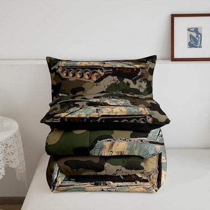 Erosebridal Boys Car Comforter Set Camouflage Tank Cannon Duvet Insert for Kids Children Military Vehicle Bedding Set Retro Camo Vintage Style Quilted Duvet 2Pcs with 1 Pillow Case Twin Size