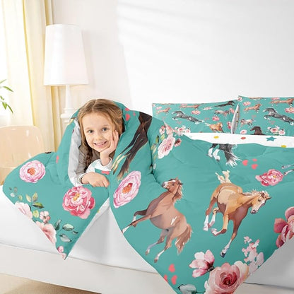 Horse Comforter Set King for Cowboy Cowgirl,Southwest Rose Petal Bedding Set for Youth Adult,Rustic Horse Quilt Set for Bedroom Decor,Vintage Farmhouse Wildlife Down Comforter with 2 Pillowcases