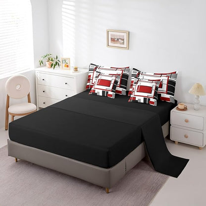 Erosebridal 7Pcs Red Black White Abstract Geometric Comforter Set King,Aesthetics Art Modern Bed in A Bag for Minimalist,Mid Century Modern Bedding with Bed Sheets,Contemporary Boho Striped Quilt