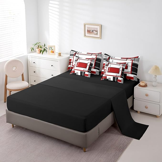 Erosebridal 7Pcs Red Black White Abstract Geometric Comforter Set Queen,Aesthetics Art Modern Bed in A Bag for Minimalist,Mid Century Modern Bedding with Bed Sheets,Contemporary Boho Striped Quilt