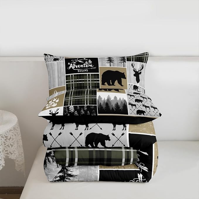 Rustic Cabin Comforter Set For Men, Farmhouse Country Bear Moose Bedding King Size, Forest Vintage Wood Decor Quilt Hunting Camping Adventure Themed Bedding Comforter Sets Bear Decor For Home