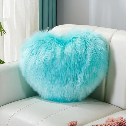 HANDKEI Love Pillow, Heart-Shaped Long Plush, Pink Imitation Wool, Living Room Sofa, Cute Cushion, Bedside Cushion (Lake Blue, 13.77 inch X 17.71 inch)