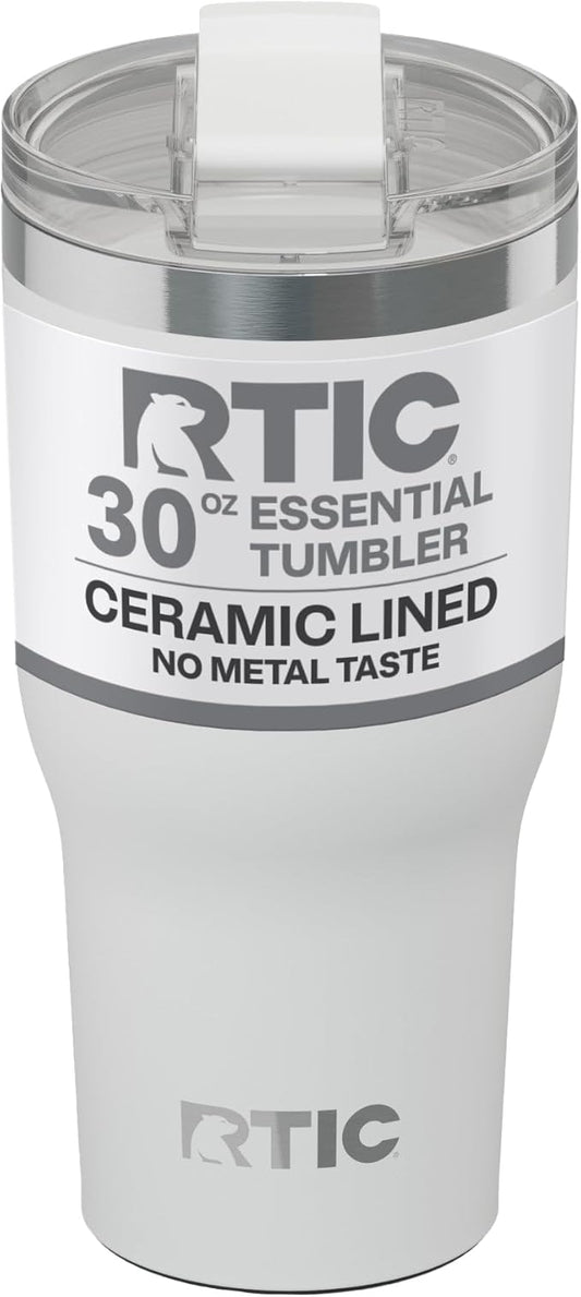 RTIC 20oz Essential Tumbler with Lid, Ceramic Lined, Insulated, Stainless Steel, Metal, Double Wall Vacuum-Insulation, Travel Cup for Iced Coffee, Tea, Hot and Cold Drink, White