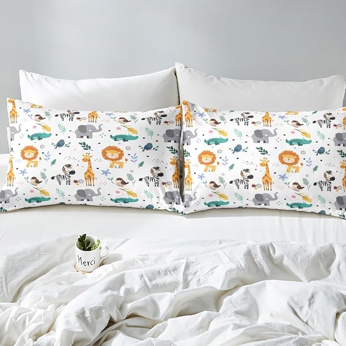 Erosebridal Toddler Size Zoo Animal Comforter Set, Giraffe Lion Elephant Bedding Set, Cute Wild Animals Down Comforter for Kids Teens Boys Girls Bedroom, Cartoon Safari Wildlife Quilt,Lightweight