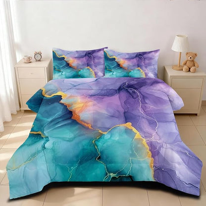 Blue Purple Marble Comforter Set Queen Size Teal Ombre Abstract Bedding Set Women Men Modern Aesthetic Comforters 3 Pieces Gold Marbling Art Bed Sets Soft Lightweight 90x90 Comforter Sets