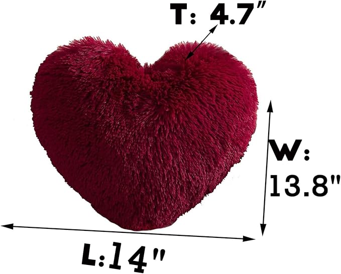 MorroMorn Fluffy Heart Throw Pillows, Shaggy Decorative Pillow for Sofa Couch Bed, Cute Room Decor Decorations for Women Girls Kids (Dark Red)