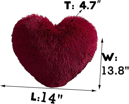 MorroMorn Fluffy Heart Throw Pillows, Shaggy Decorative Pillow for Sofa Couch Bed, Cute Room Decor Decorations for Women Girls Kids (Dark Red)