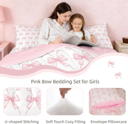 Feelyou Pink Bow Comforter Set Full Size, Pink Bow Bedding Set for Girls, Coquette Bowknot Girls Comforter for Kids, Kawaii Dreamy Princess Style Room Decor, 2 Pillowcases