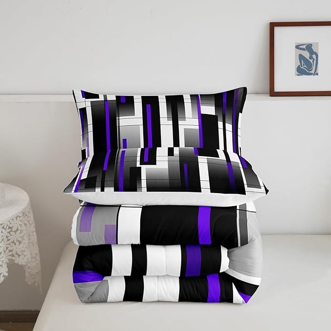 Castle Fairy Black Purple King Size Comforter Set,Kids Abstract Stripes Decor All Season Bedding Set,Teens Modern Simple Comforter,Square Grid Decor Quilt Set Bedroom Collection 3Pcs