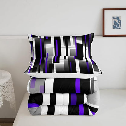Castle Fairy Black Purple King Size Comforter Set,Kids Abstract Stripes Decor All Season Bedding Set,Teens Modern Simple Comforter,Square Grid Decor Quilt Set Bedroom Collection 3Pcs