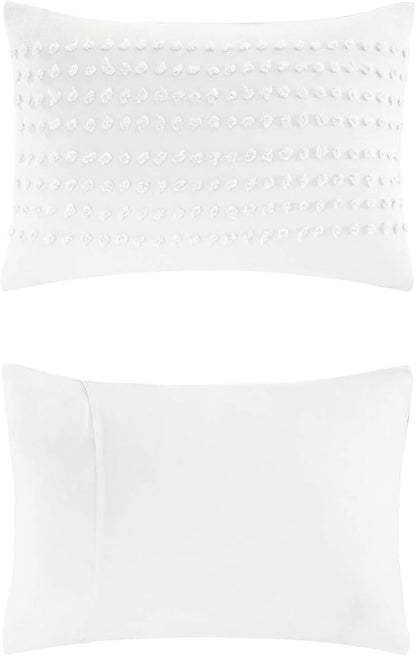 Comfort Spaces Cotton Comforter Set Jacquard Pom-Pom Tufts Design, Down Alternative, All Season Modern Bedding, Matching Shams, Full/Queen, Phillips, Ivory