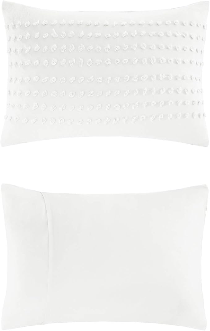 Comfort Spaces Cotton Comforter Set Jacquard Pom-Pom Tufts Design, Down Alternative, All Season Modern Bedding, Matching Shams, Twin/Twin XL, Phillips, Ivory