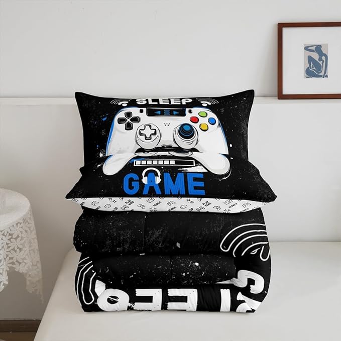 jejeloiu Eat Sleep Game Bedding Set Toddle Size Cartoon Gamer Comforter Set for Kids Boys Girls Modern Game Duvet Set Black Blue Quilt Set 2Pcs