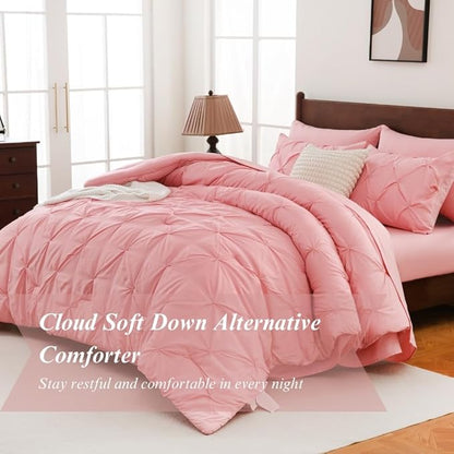 Sheet&Joy King Size Comforter Set, 7-Piece Bed in a Bag, Pintuck Bedding Set for All Season, Includes Comforter, Flat Sheet, Fitted Sheet, Pillowcases and Pillowshams, Pink