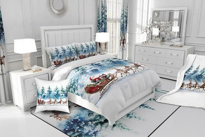 Santa Claus Bedding Set Full Size,Elk Sledge Comforter Set 3Pcs for Kids Boys Girls Teens Room Decor,Pine Tree Jungle Quilt Set Winter Snowflake Blue White Duvet Insert,2 Pillowcases