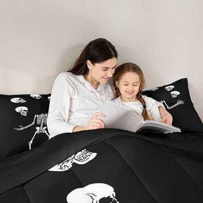 Erosebridal Juggling Skeleton Twin Bedding Set, Halloween Juggling Skull Comforter Set for Kids Boys Teens Men Horror Halloween Decor, Gothic Skull Comforter, Black Quilt 2 Piece