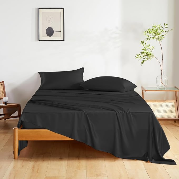 THXSILK Silk Sheet Set 4 Pcs, Full Size Sheet Set, Soft Breathable Cooling Bed Sheets with 1 Flat Sheet, 1 Fitted Sheet, 2 Pillowcases with Zipper Closure, Black