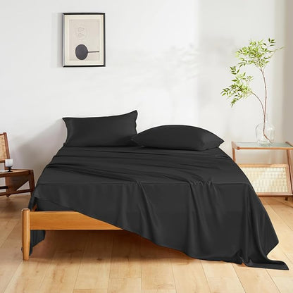 THXSILK Silk Sheet Set 4 Pcs, Queen Size Sheet Set, Breathable Soft Cooling Bed Sheets with 1 Flat Sheet, 1 Fitted Sheet, 2 Pillowcases with Zipper Closure, Black