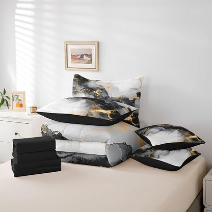 Erosebridal 7pcs Black and Gold Bedding Full Size Watercolor Marble Comforter Set, Abstract Marbling Bedding Comforter Sets Stone Pattern Bed in a Bag, Mountain Fluid Foil Print Bedding Accessories