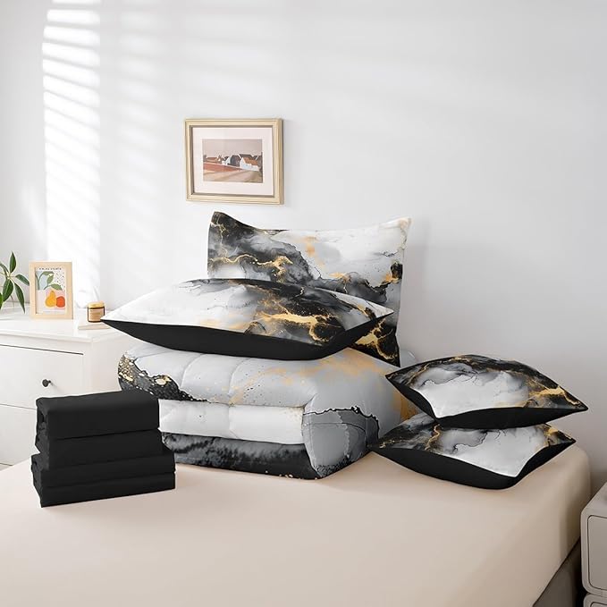 Black and Gold Bedding Comforter Sets 7 Pieces Watercolor Marble Bed in a Bag, Abstract Marbling Twin Bedding Sets Stone Pattern Comforter Set, Mountain Fluid Foil Print Bedding Sets & Collections